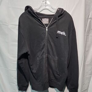 Think! Black Zip-Up Hoodie with "meh." Chest Print